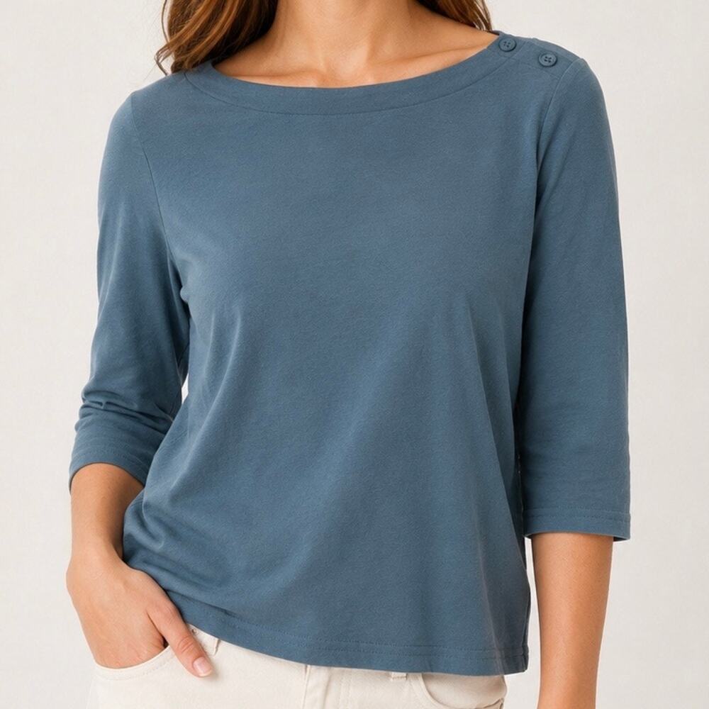 PACT | NWT Organic Cotton Boatneck Button Shoulder Tee Muted Teal Blue | Size XS